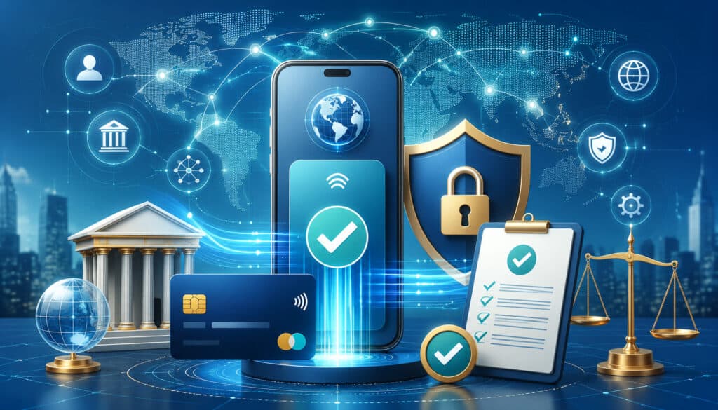 Global instant payment compliance and security illustration